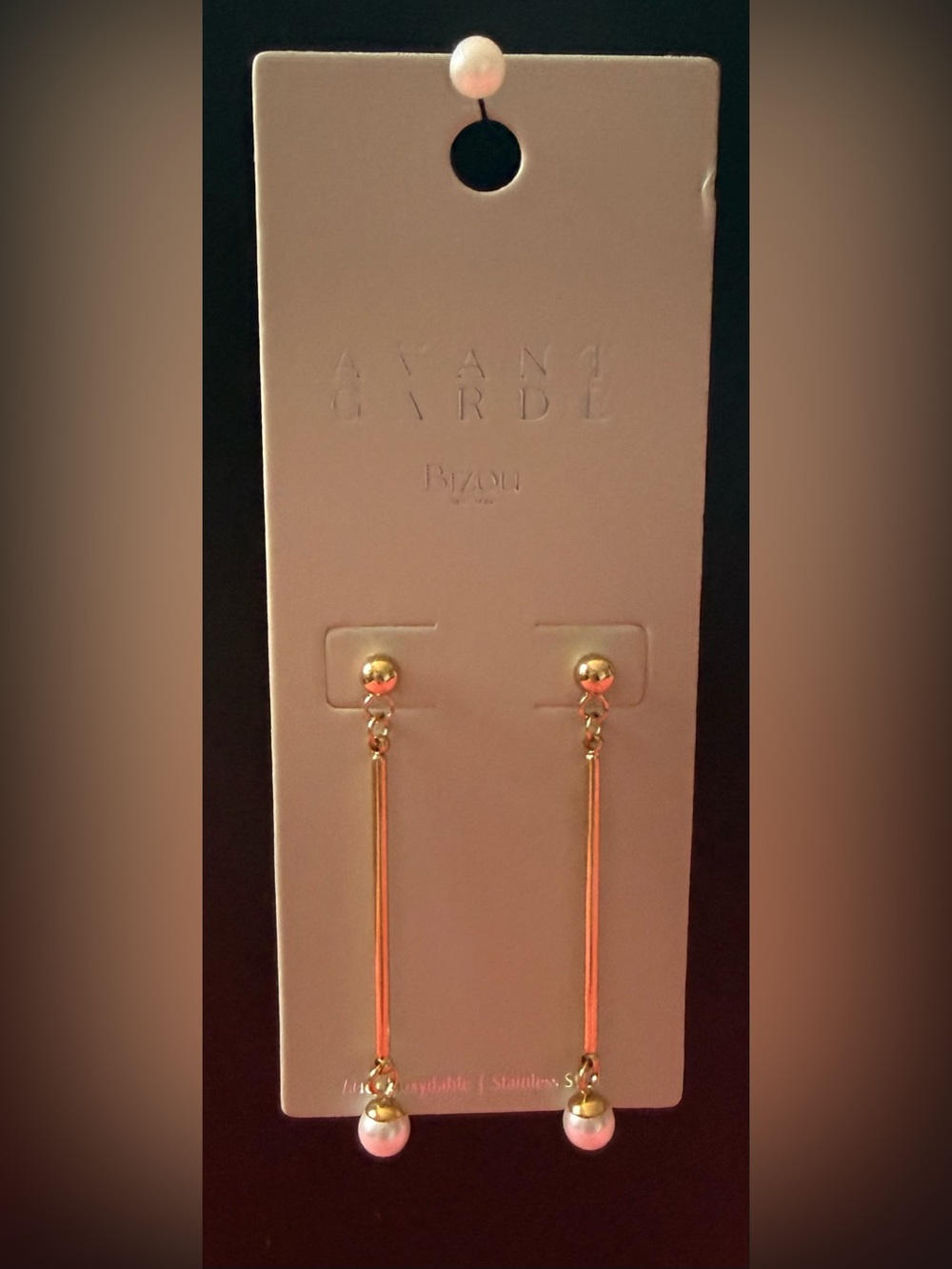 NWT Avant Garde Gold Bar & Faux Pearl Drop Earrings | Elegant Statement